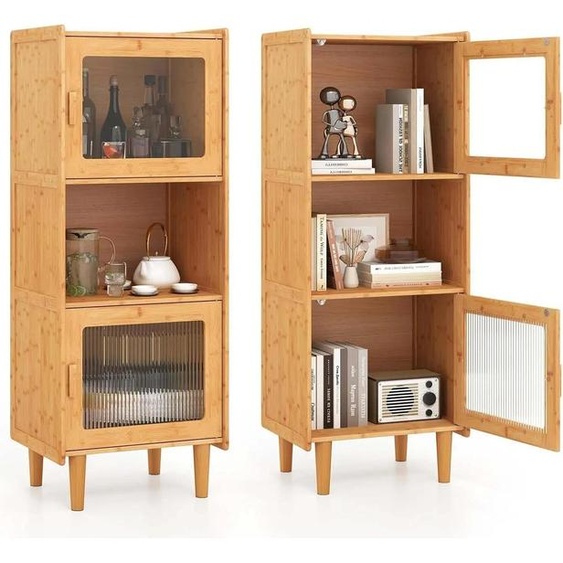 Armoire en bambou - Armoire de cuisine - 2 portes en verre acrylique - Compartiment ouvert - Dimensions 49,5 x 40 x 130 cm - Pour la cuisine et le salon - Naturel