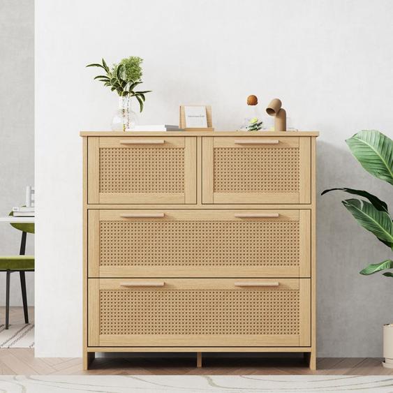 Armoire en Rotin à 4 Tiroirs de Haute Qualité Avec Poignées en Bois Massif - Convient Pour la Chambre, Le Salon