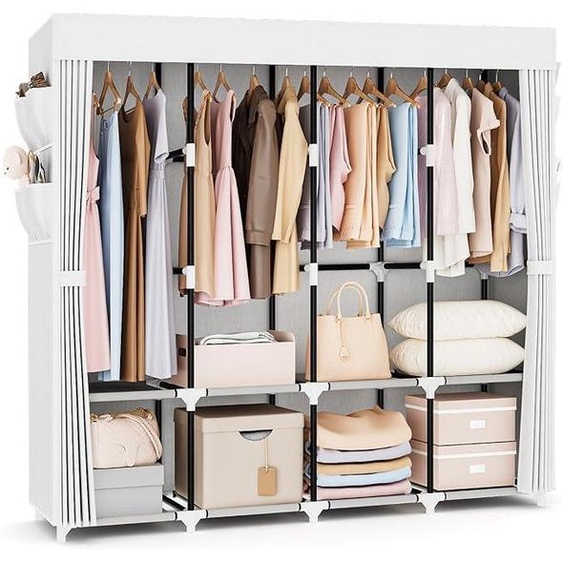 Armoire en tissu, 170 cm de large, armoire en tissu de grande capacité, avec couvercle, 4 étagères et 4 penderies, armoire en tissu autoportante robuste pour chambre à coucher, couleur blanche