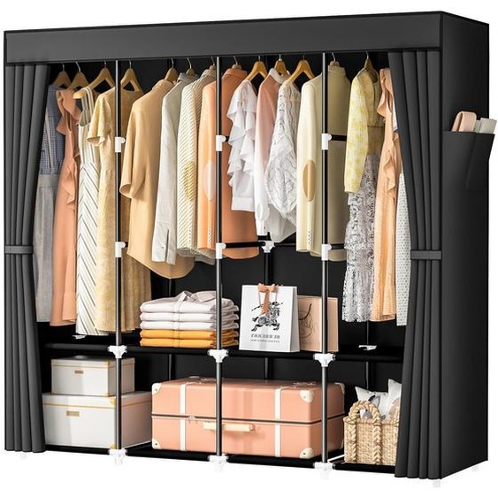 Armoire en tissu avec 4 barres de suspension et 8 compartiments, stable, pliable, avec couvercle, noire, 168 x 43 x 162 cm