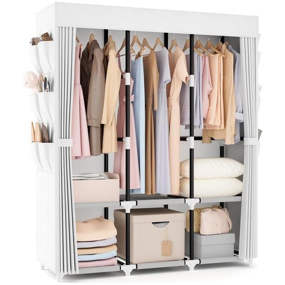 Armoire en tissu avec couvercle, 3 penderies, 6 étagères, blanche, 132 x 44 x 160 cm