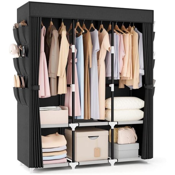 Armoire en tissu avec couvercle, dimensions 132x44x160 cm, couleur noire. Dispose de 3 barres de suspension, 6 étagères, des poches latérales et une structure en tube métallique de 19 mm de diamètre