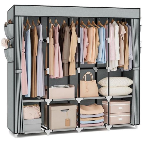 Armoire en tissu de 170 cm de hauteur, de couleur grise, avec 4 étagères et 4 penderies