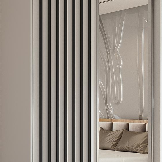 Armoire Erika de 120 cm avec lamelles et miroir, 2 portes coulissantes, penderie, patères, livraison à domicile (couleur : blanc, blanc, lamelles noires)