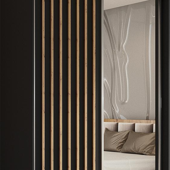 Armoire Erika de 120 cm avec lamelles et miroir, 2 portes coulissantes, penderie, patères, livraison à domicile (couleur : noir, noir, lamelles Artisan)