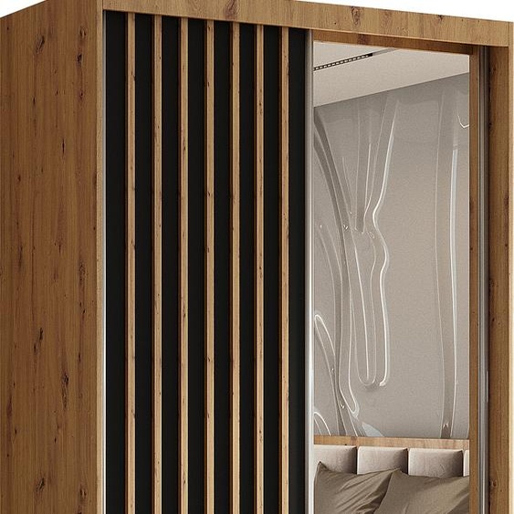 Armoire Erika de 120 cm avec lamelles et miroir, comprenant 2 portes coulissantes, penderie, tringle à vêtements, livraison à domicile (couleur : Artisan, noir, lamelles Artisan)