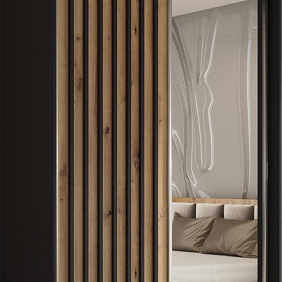 Armoire Erika de 120 cm avec lamelles et miroir, comprenant 2 portes coulissantes, penderie, tringle à vêtements, livraison à domicile (couleur : noir, Artisan, lamelles noires)