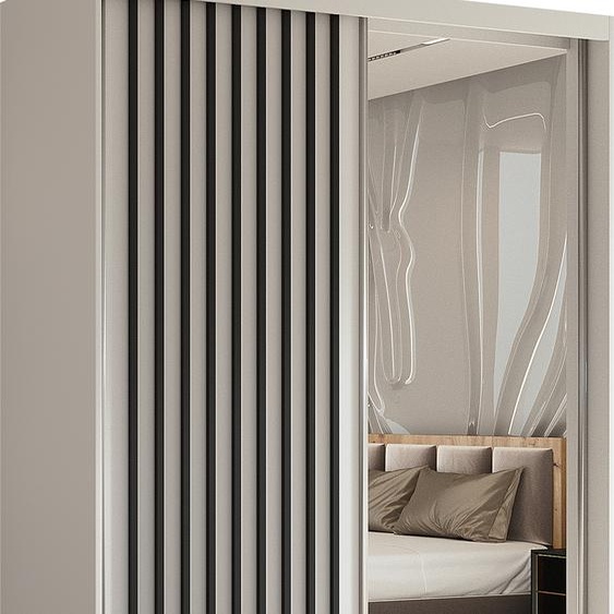 Armoire Erika de 150 cm avec lamelles et miroir, 2 portes coulissantes, penderie, patère, livraison à domicile (couleur : blanc, blanc, lamelles noires)
