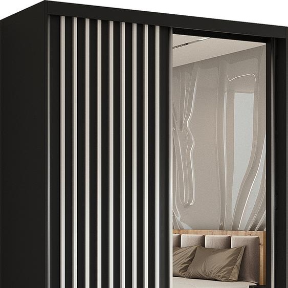 Armoire Erika de 150 cm avec lamelles et miroir, 2 portes coulissantes, penderie, patères, livraison à domicile (couleur : noir, noir, lamelles blanches)