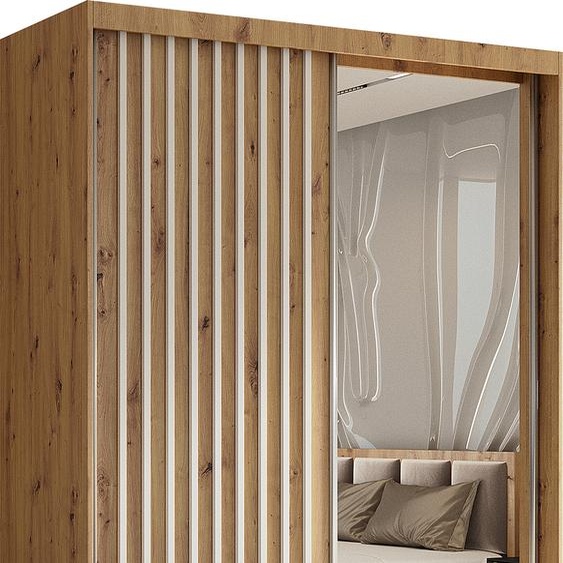 Armoire Erika de 150 cm avec lamelles et miroir, 2 portes coulissantes, penderie, tringle à vêtements, livraison à domicile (couleur : Artisan, Artisan, lamelles blanches)