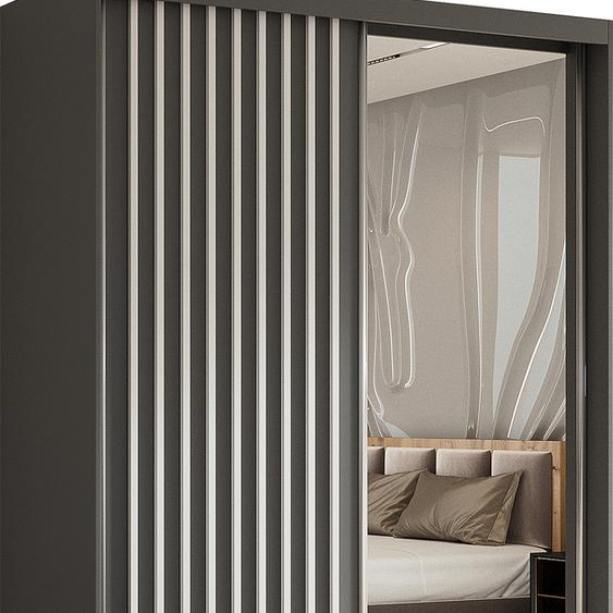 Armoire Erika de 150 cm avec lamelles et miroir, 2 portes coulissantes, penderie, tringle à vêtements, livraison à domicile (couleur : gris, gris, lamelles blanches)