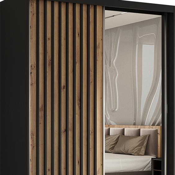 Armoire Erika de 150 cm avec lamelles et miroir, 2 portes coulissantes, tringle à vêtements, penderie, livraison à domicile (couleur : noir, Artisan, lamelles noires)