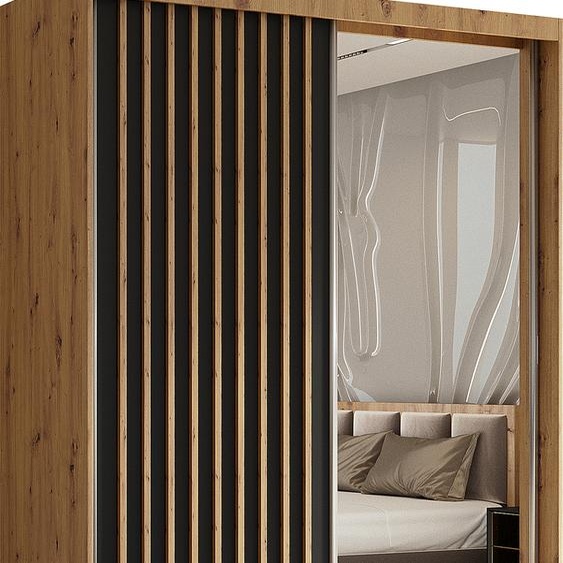 Armoire Erika de 150 cm avec lamelles et miroir, comprenant 2 portes coulissantes, penderie, tringle à vêtements, livraison à domicile (couleur : Artisan, noir, lamelles Artisan)