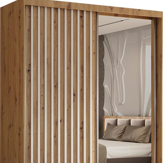 Armoire Erika de 160 cm avec lamelles et miroir, 2 portes coulissantes, penderie, tringle à vêtements, livraison à domicile (couleur : Artisan, Artisan, lamelles blanches)