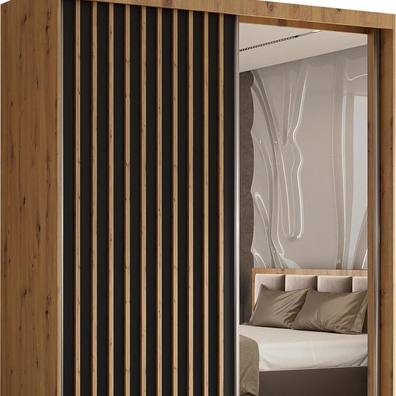 Armoire Erika de 160 cm avec lamelles et miroir, comprenant 2 portes coulissantes, penderie, tringle à vêtements, livraison à domicile (couleur : Artisan, noir, lamelles Artisan)