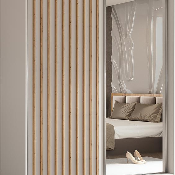 Armoire Erika de 160 cm avec lamelles et miroir, comprenant 2 portes coulissantes, penderie, tringle à vêtements, livraison à domicile (couleur : blanc, blanc, lamelles Artisan)