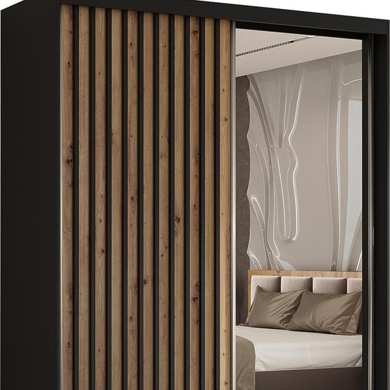 Armoire Erika de 160 cm avec lamelles et miroir, comprenant 2 portes coulissantes, penderie, tringle à vêtements, livraison à domicile (couleur : noir, Artisan, lamelles noires)