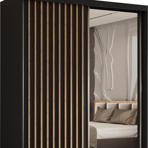 Armoire Erika de 160 cm avec lamelles et miroir, comprenant 2 portes coulissantes, penderie, tringle à vêtements, livraison à domicile (couleur : noir, noir, lamelles Artisan)