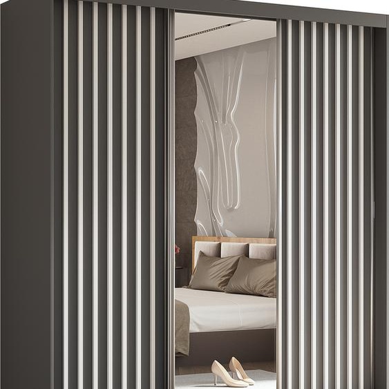 Armoire Erika de 180 cm avec lamelles et miroir, 3 portes coulissantes, penderie, livraison à domicile (couleur : gris, gris, lamelles blanches)