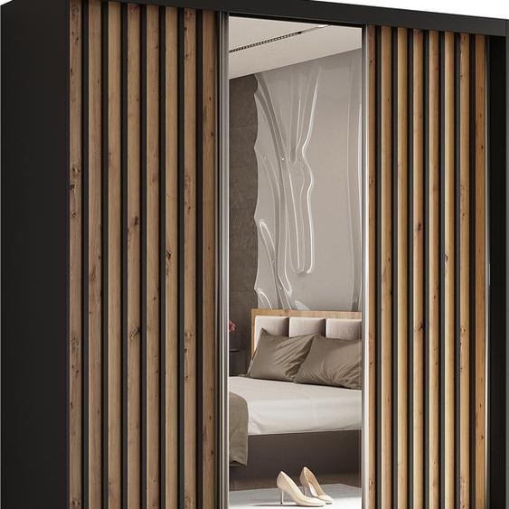 Armoire Erika de 180 cm avec lamelles et miroir, 3 portes coulissantes, penderie, livraison à domicile (couleur : noir, Artisan, lamelles noires)
