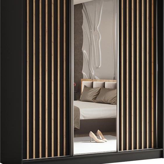 Armoire Erika de 180 cm avec lamelles et miroir, 3 portes coulissantes, penderie, livraison à domicile (couleur : noir, noir, lamelles Artisan)