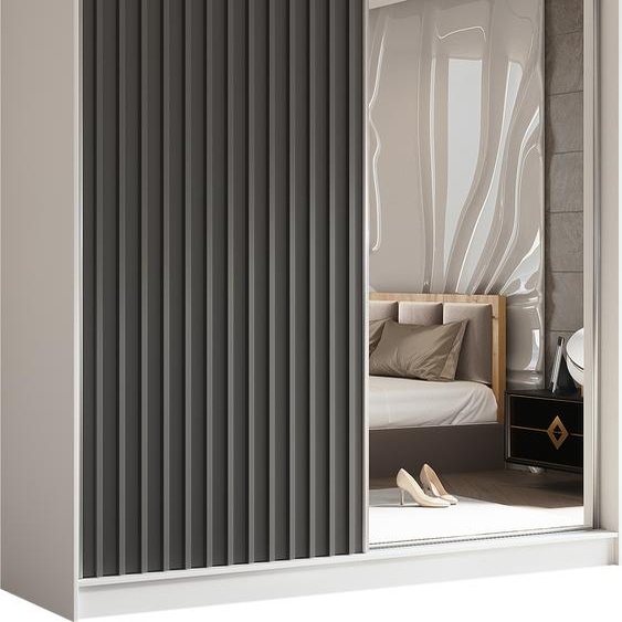 Armoire Erika de 200 cm avec lamelles et miroir, 2 portes coulissantes incluses Armoire à portes coulissantes (couleur : blanc, gris, lamelles grises)