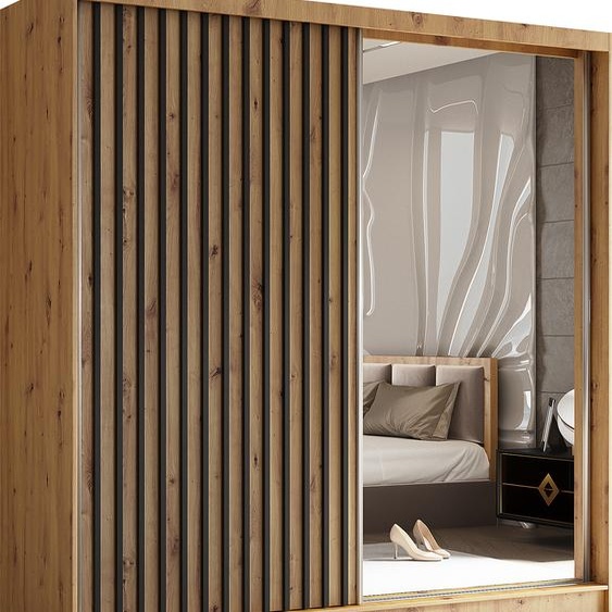 Armoire Erika de 200 cm avec lamelles et miroir, comprenant 2 portes coulissantes Armoire à portes coulissantes (couleur : Artisan, Artisan, lamelles noires)