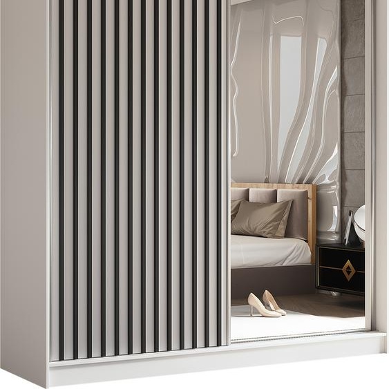 Armoire Erika de 200 cm avec lamelles et miroir, comprenant 2 portes coulissantes Armoire à portes coulissantes (couleur : blanc, blanc, lamelles noires)