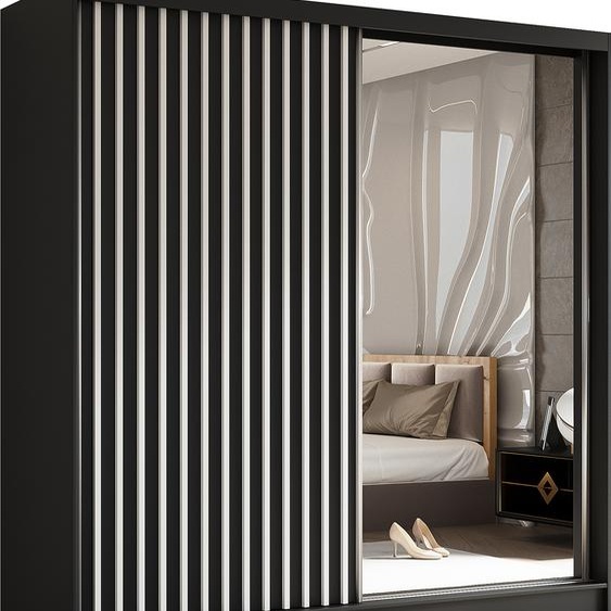 Armoire Erika de 200 cm avec lamelles et miroir, comprenant 2 portes coulissantes Armoire à portes coulissantes (couleur : noir, noir, lamelles blanches)