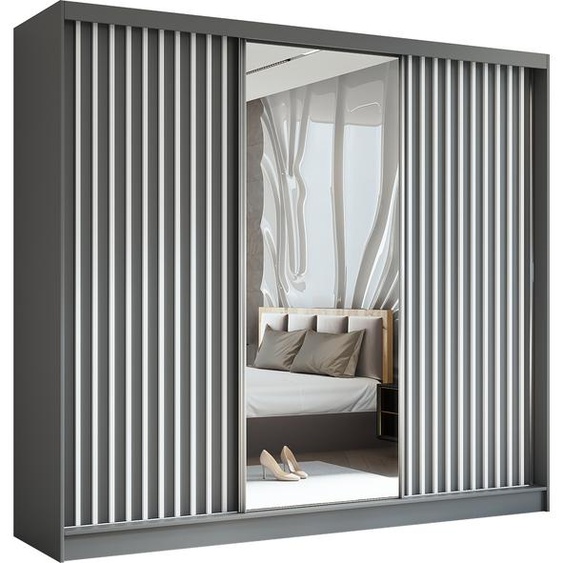 Armoire Erika de 240 cm avec lamelles et miroir, 3 portes coulissantes, penderie, livraison à domicile (couleur : gris, gris, lamelles blanches)