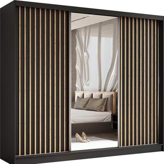 Armoire Erika de 240 cm avec lamelles et miroir, 3 portes coulissantes, penderie, livraison à domicile (couleur : noir, noir, lamelles Artisan)