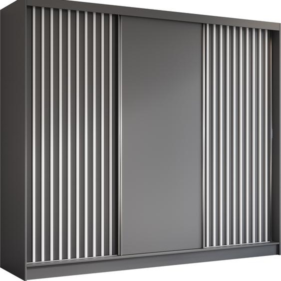 Armoire Erika de 240 cm avec lamelles sans miroir, comprenant 3 portes coulissantes Armoire à portes coulissantes (couleur : gris, gris, lamelles blanches)