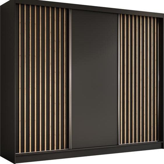 Armoire Erika de 240 cm avec lamelles sans miroir, comprenant 3 portes coulissantes Armoire à portes coulissantes (couleur : noir, noir, lamelles Artisan)