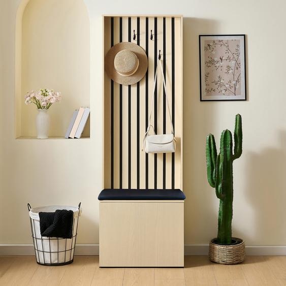 Armoire Flieks avec banc intégré et rangement à chaussures, organisateur dentrée avec 4 crochets, coussin de siège et compartiments de rangement, placard, style naturel