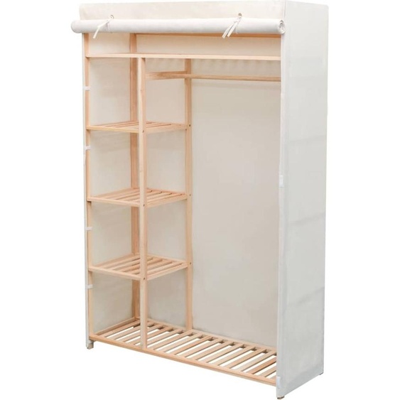 Armoire Garde-Robe en Bois de Pin Massif et Tissu Respirant, 5 Étagères, Barre de Suspension, Housse Anti-Poussière, 110x40x170 cm