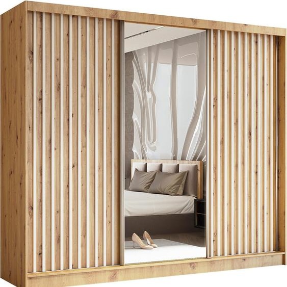 Armoire HELIX 240 cm avec lamelles & 3 blocs-tiroirs - armoire style moderne avec portes coulissantes & miroir (Artisan + blanc)