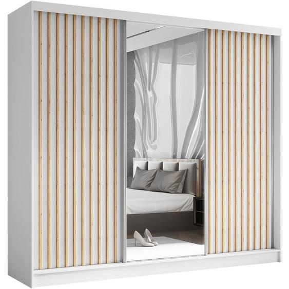 Armoire HELIX 240 cm avec lamelles & 3 blocs-tiroirs - armoire style moderne avec portes coulissantes & miroir (blanc + Artisan)