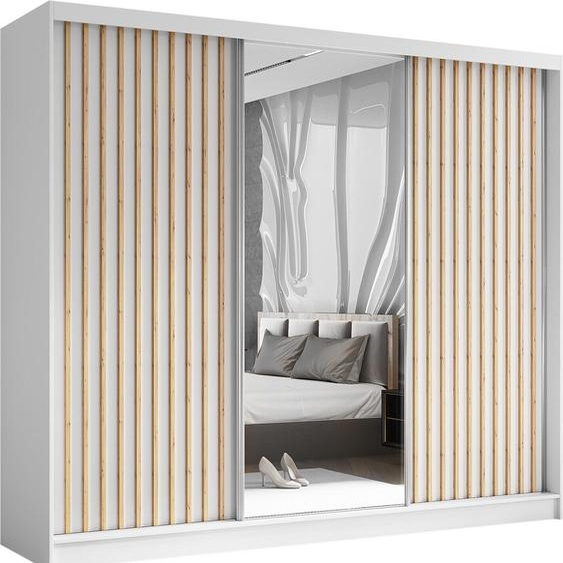 Armoire HELIX 240 cm avec lamelles & 3 blocs-tiroirs - armoire style moderne avec portes coulissantes & miroir (blanc + Artisan)