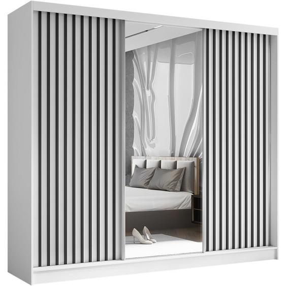 Armoire HELIX 240 cm avec lamelles & 3 blocs-tiroirs - armoire style moderne avec portes coulissantes & miroir (blanc + noir)