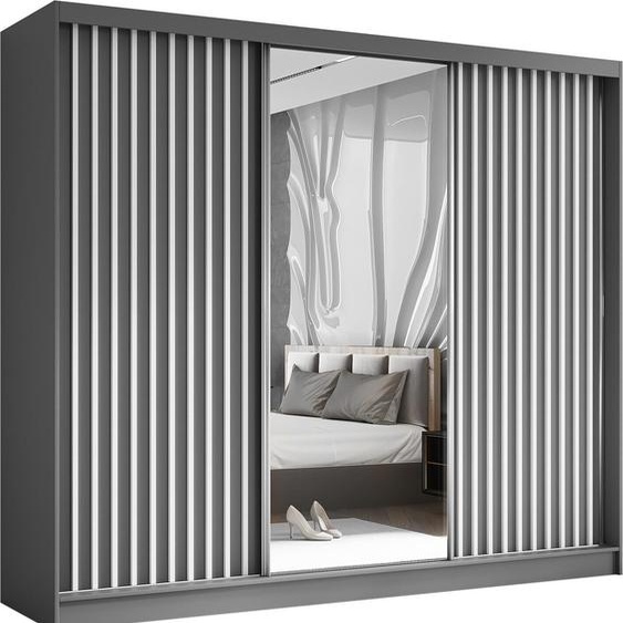 Armoire HELIX 240 cm avec lamelles & 3 blocs-tiroirs - armoire style moderne avec portes coulissantes & miroir (graphite + blanc)