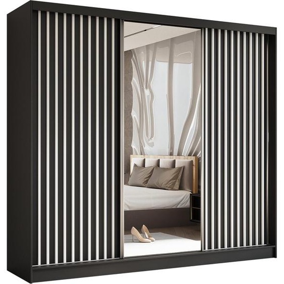 Armoire HELIX 240 cm avec lamelles & 3 blocs-tiroirs - armoire style moderne avec portes coulissantes & miroir (noir + blanc)