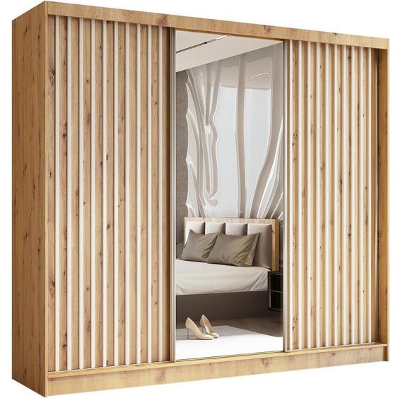 Armoire HELIX 240 cm avec lamelles - armoire style moderne avec portes coulissantes & miroir (Artisan + blanc)