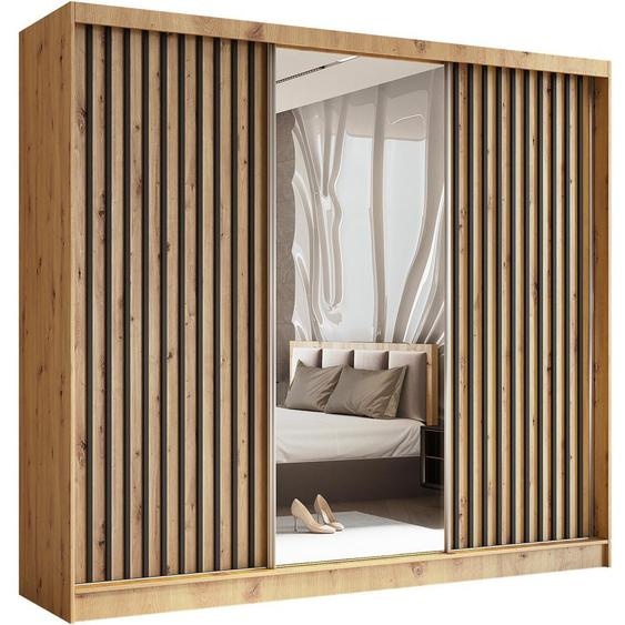 Armoire HELIX 240 cm avec lamelles - armoire style moderne avec portes coulissantes & miroir (Artisan + noir)