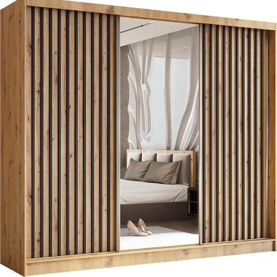 Armoire HELIX 240 cm avec lamelles - armoire style moderne avec portes coulissantes & miroir (Artisan + noir)