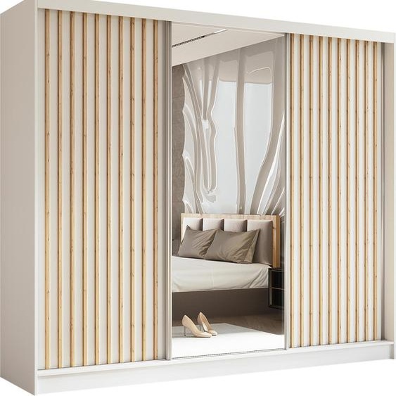 Armoire HELIX 240 cm avec lamelles - armoire style moderne avec portes coulissantes & miroir (blanc + Artisan)