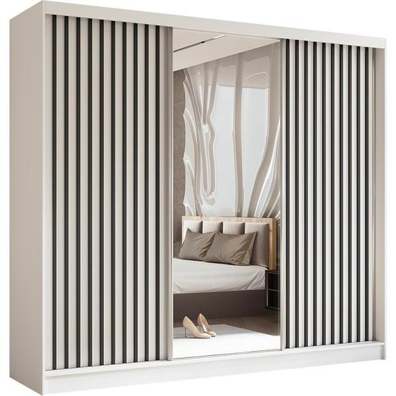 Armoire HELIX 240 cm avec lamelles - armoire style moderne avec portes coulissantes & miroir (blanc + noir)