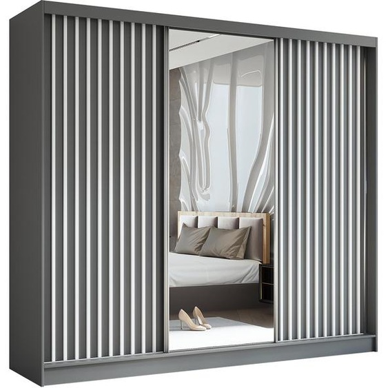 Armoire HELIX 240 cm avec lamelles - armoire style moderne avec portes coulissantes & miroir (graphite + blanc)