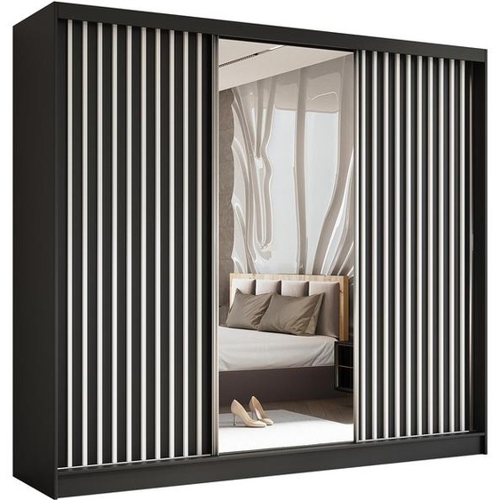 Armoire HELIX 240 cm avec lamelles - armoire style moderne avec portes coulissantes & miroir (noir + blanc)
