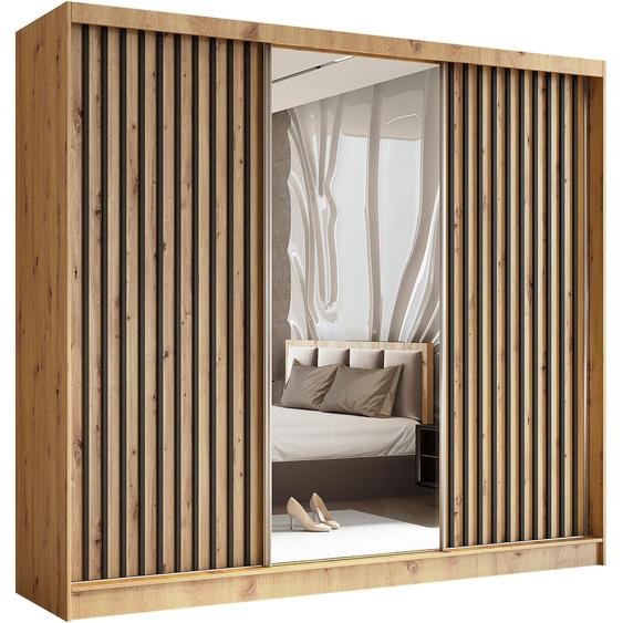 Armoire HELIX II 240 cm - 3 portes avec lamelles, miroirs & 4 tiroirs (Artisan + noir)
