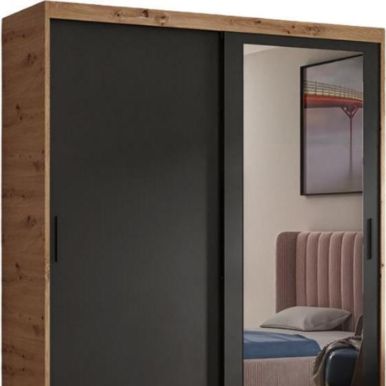 Armoire Henry avec miroir, 180 cm, comprenant 2 portes coulissantes (artisan, noir)